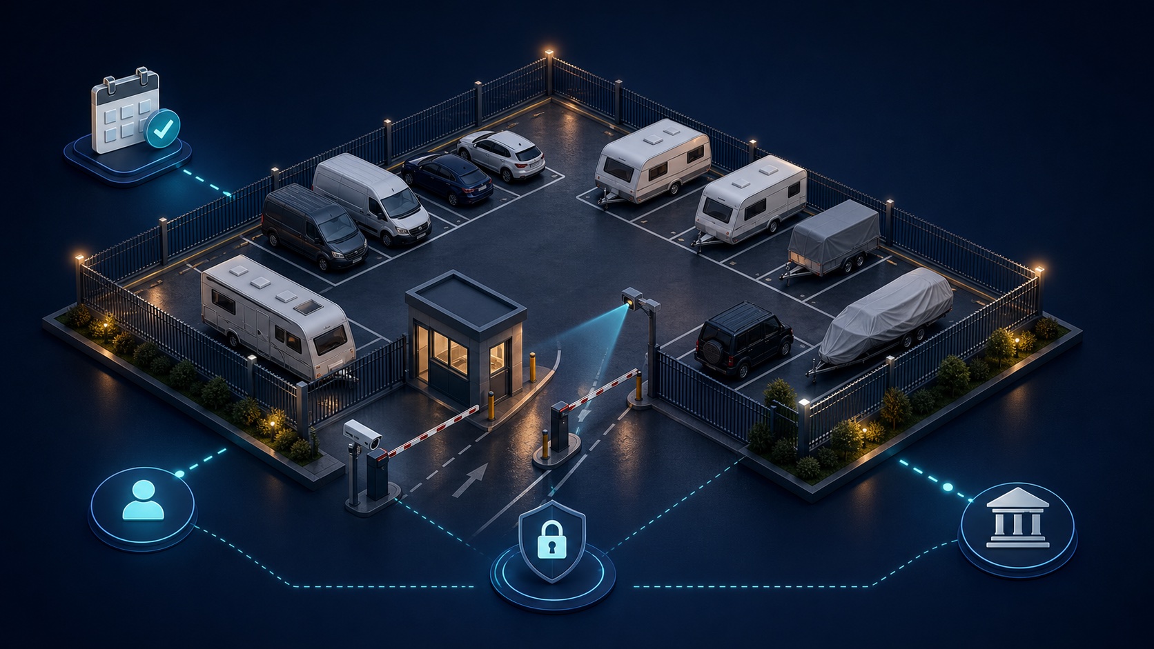 Illustration of a secure storage yard with connected booking, gatehouse, security, and payout operations