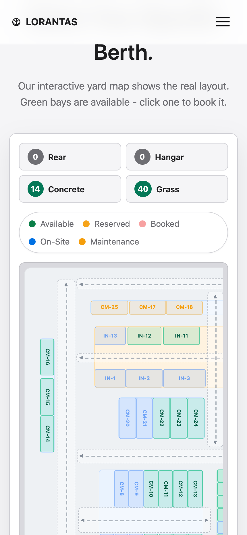 Mobile customer booking page showing available yard bays