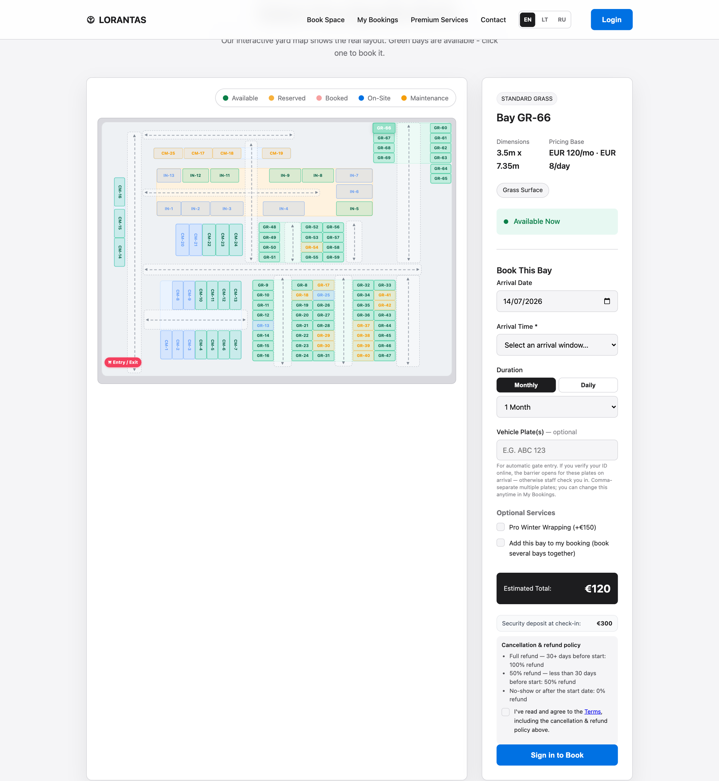 The working customer booking page with an interactive yard plan, bay details, and booking controls