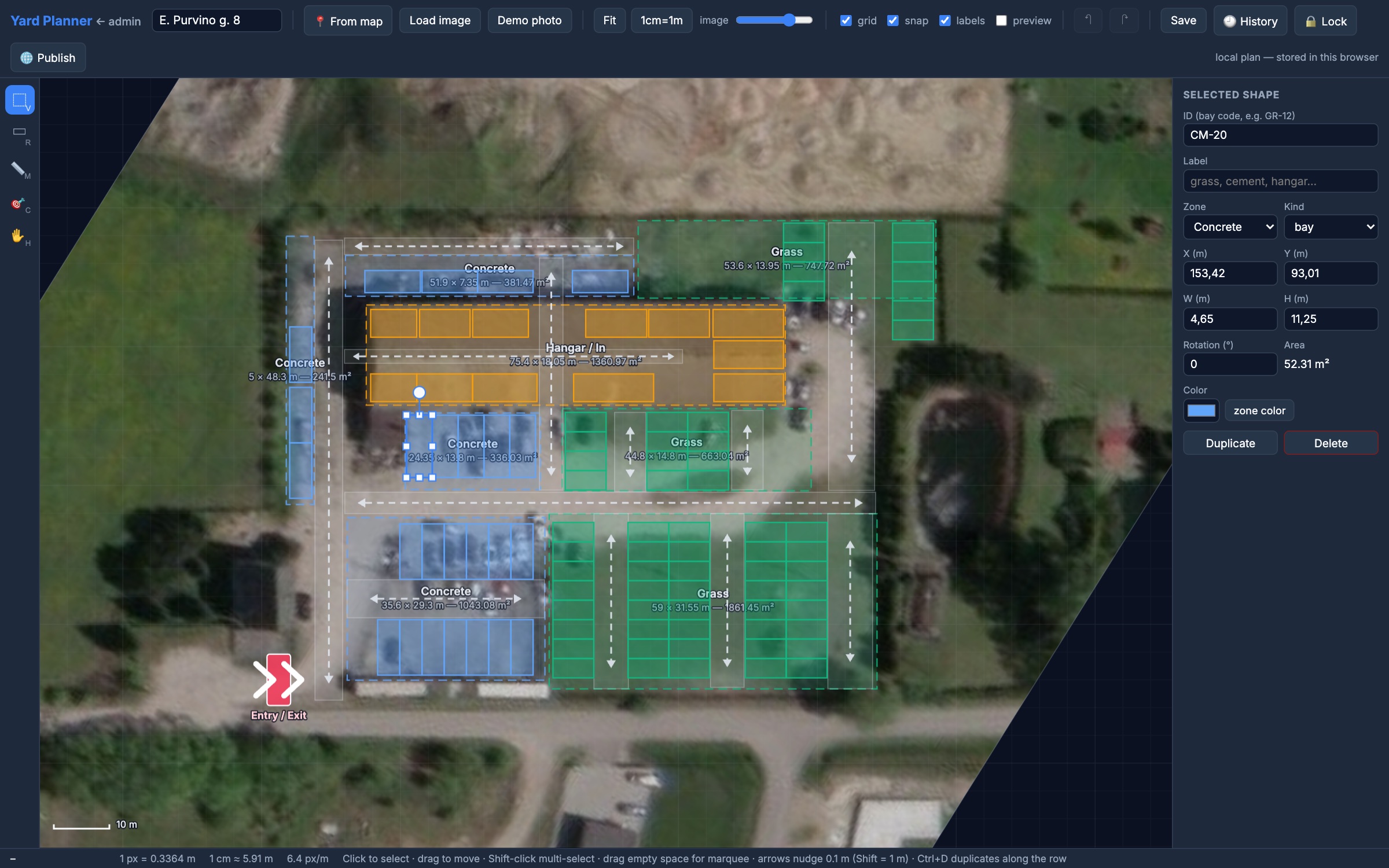 The working yard Designer over an aerial photograph, with bays drawn and allocated